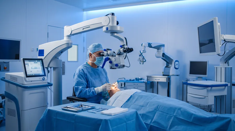 Equipe cirúrgica realizando cirurgia ocular com microscópio — Visare Hospital de Olhos, Presidente Prudente/SP