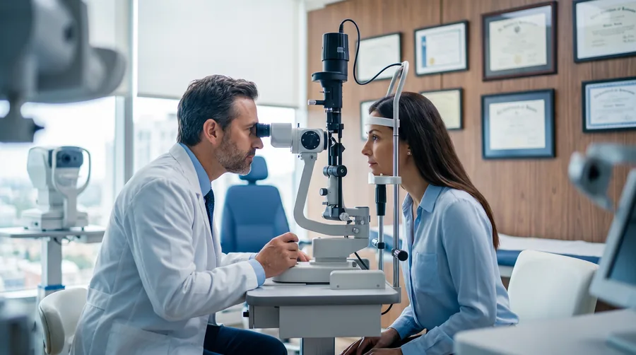 Oftalmologista realizando consulta com lâmpada de fenda — Visare Hospital de Olhos, Presidente Prudente/SP