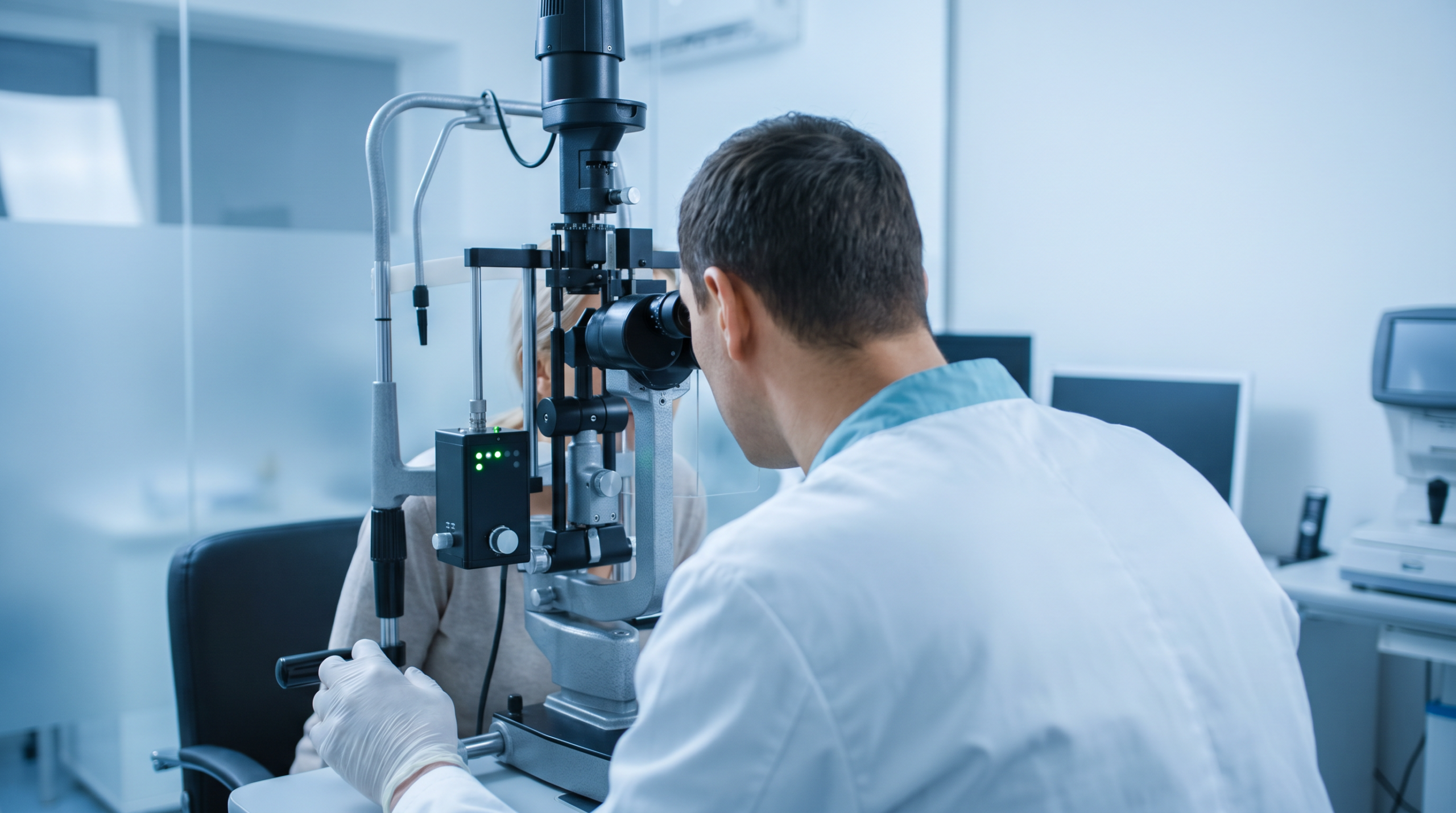 Acuidade Visual — paciente lendo tabela optométrica durante exame de visão com laser PAM
