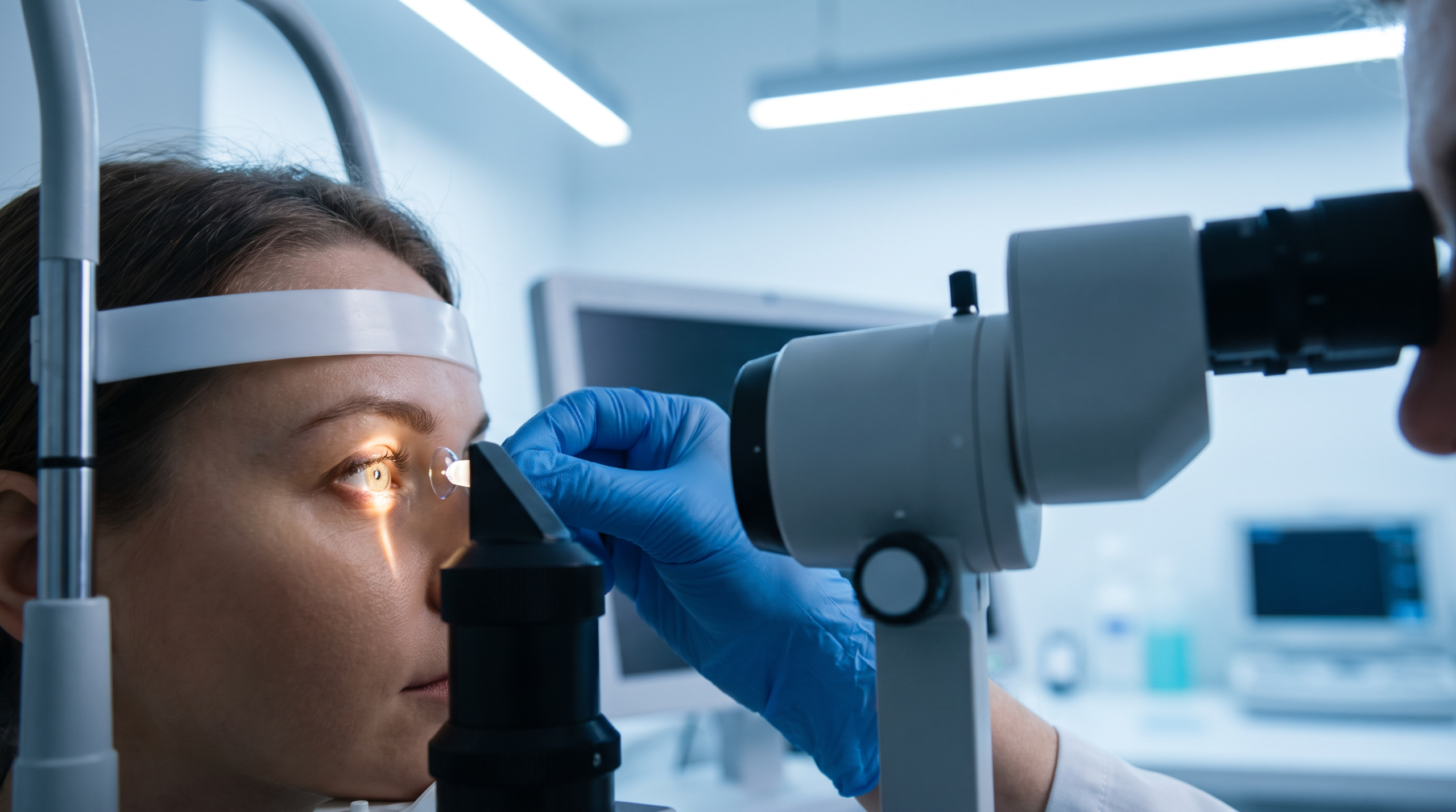 Adaptação de Lentes de Contato — oftalmologista avaliando lente de contato no olho do paciente com lâmpada de fenda