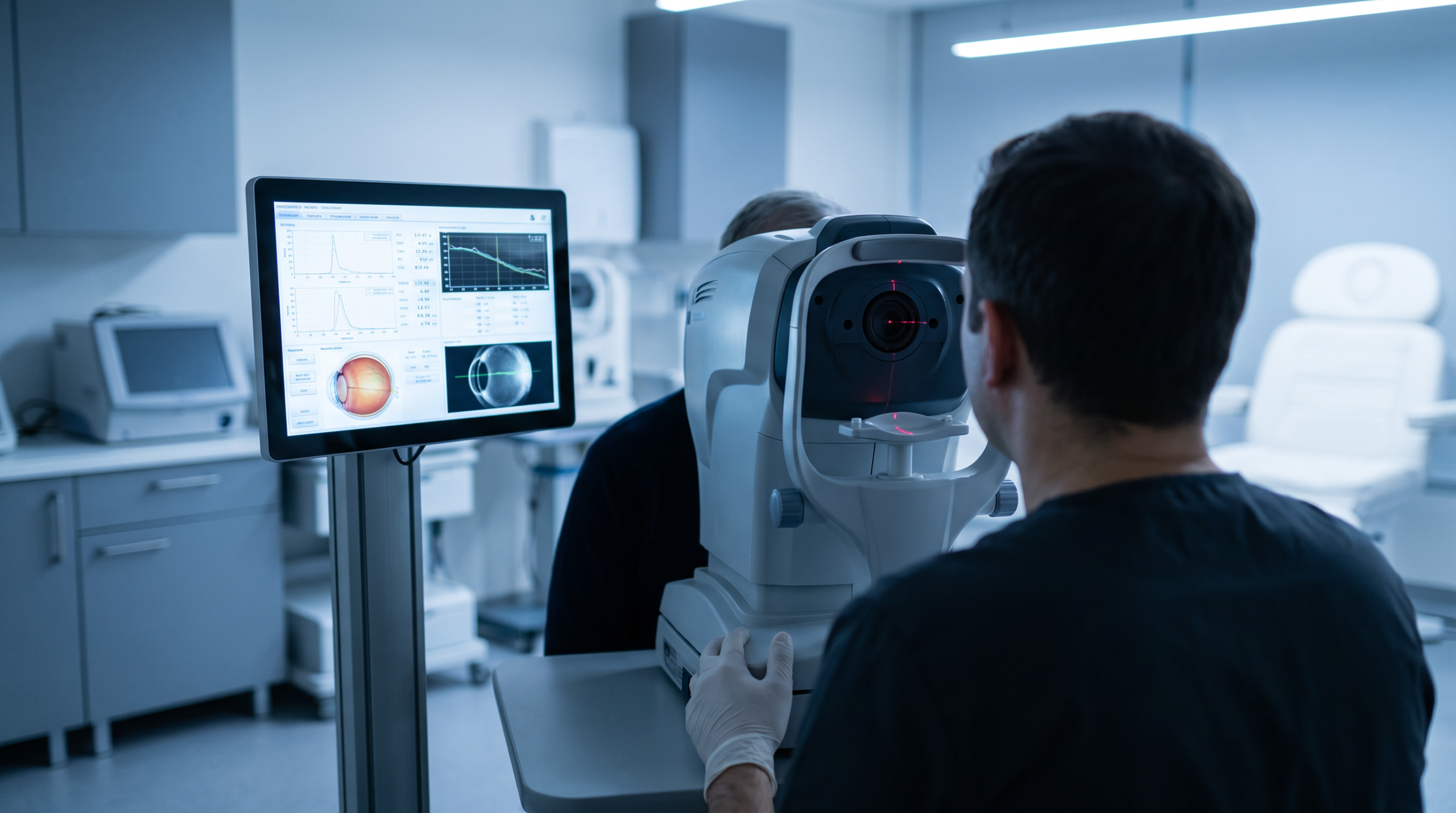 Biometria Ocular — equipamento IOLMaster medindo o comprimento axial do olho para cálculo da lente intraocular