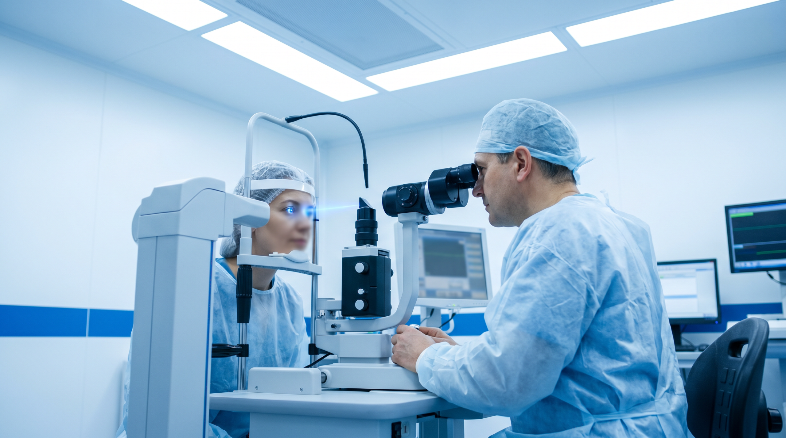 Capsulotomia YAG Laser — oftalmologista realizando procedimento a laser para tratar opacificação da cápsula posterior