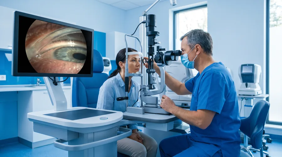 Gonioscopia — oftalmologista usando lâmpada de fenda e lente especial para examinar o ângulo da câmara anterior do olho