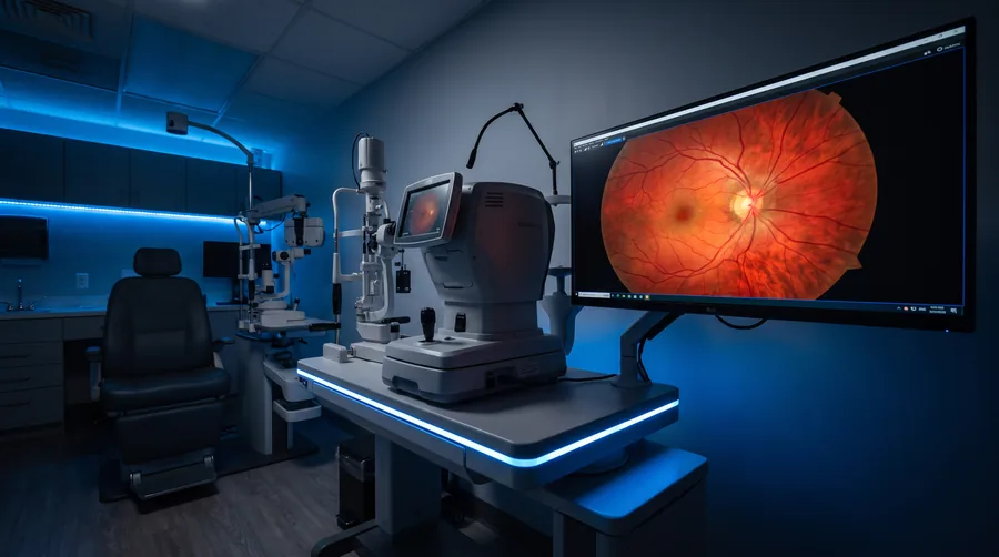 Mapeamento de Retina — oftalmologista usando oftalmoscópio indireto para examinar o fundo do olho do paciente