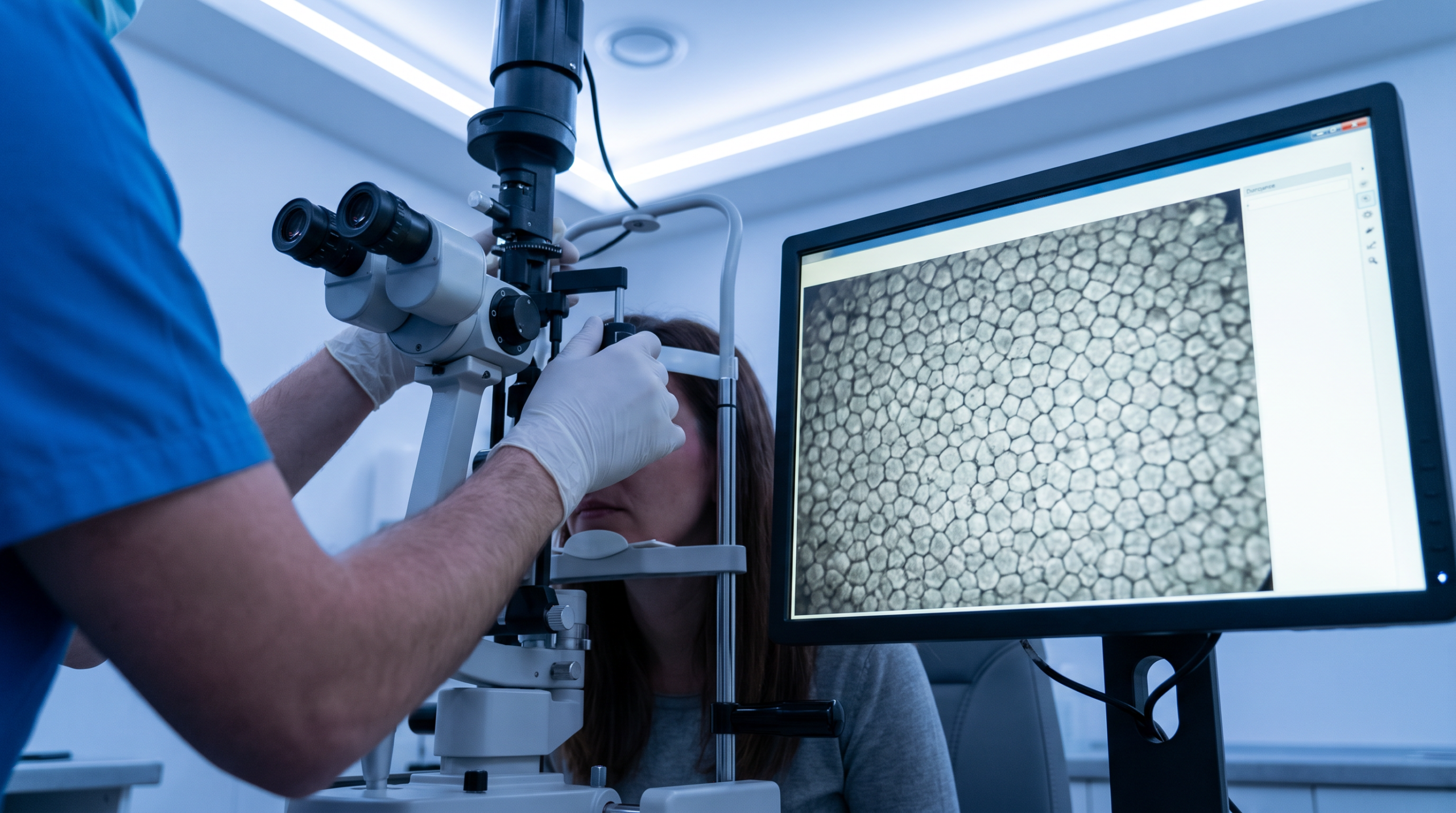 Microscopia Especular de Córnea — imagem microscópica das células endoteliais corneanas em alta resolução