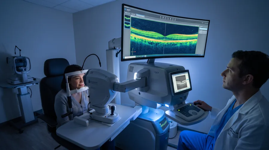 OCT — Tomografia de Coerência Óptica mostrando corte transversal da retina e nervo óptico