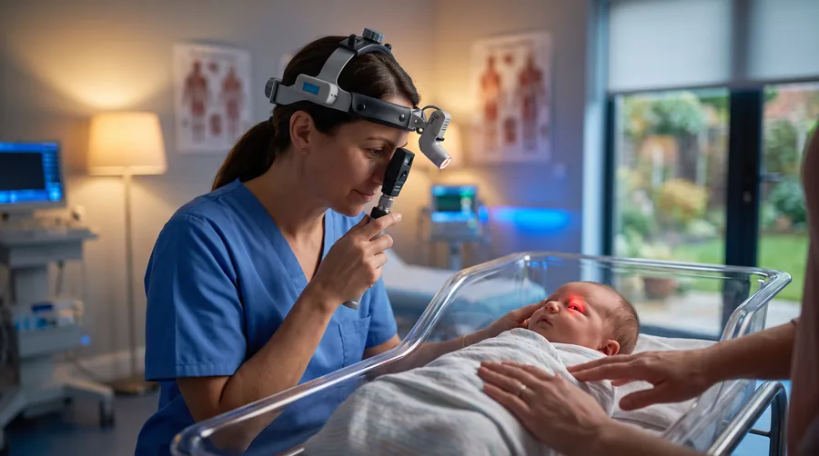 Teste do Olhinho — neonatologista realizando exame de reflexo vermelho em recém-nascido