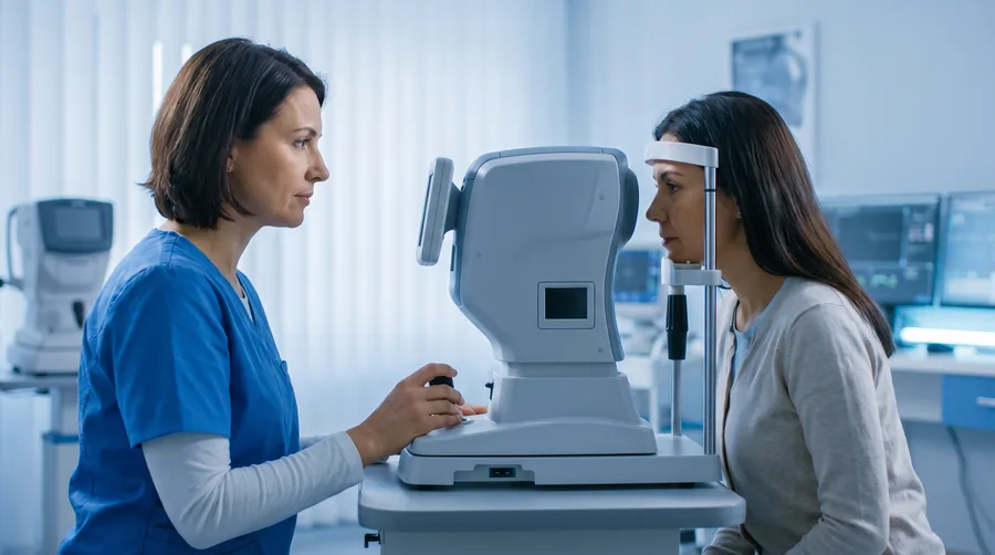 Tonometria — medição da pressão intraocular com tonômetro de aplanação de Goldmann na lâmpada de fenda