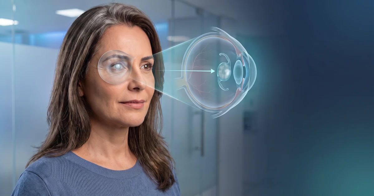 Senhora de aproximadamente 60 anos com ilustração 3D educativa da catarata e lente intraocular