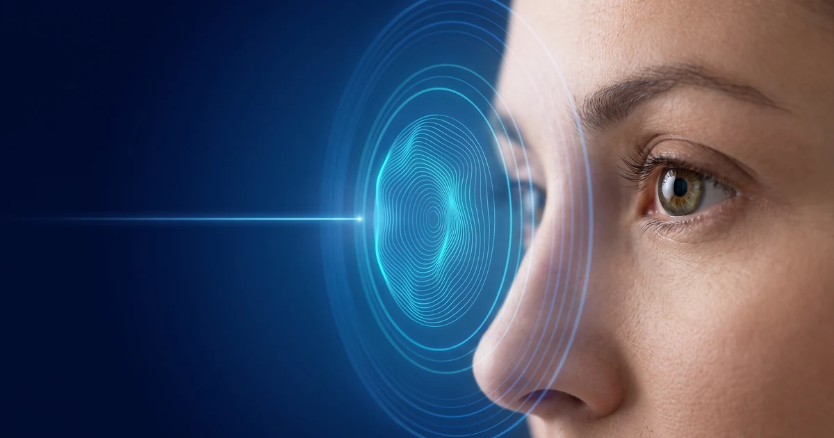 Olho em perfil com visualização óptica de cirurgia refrativa a laser