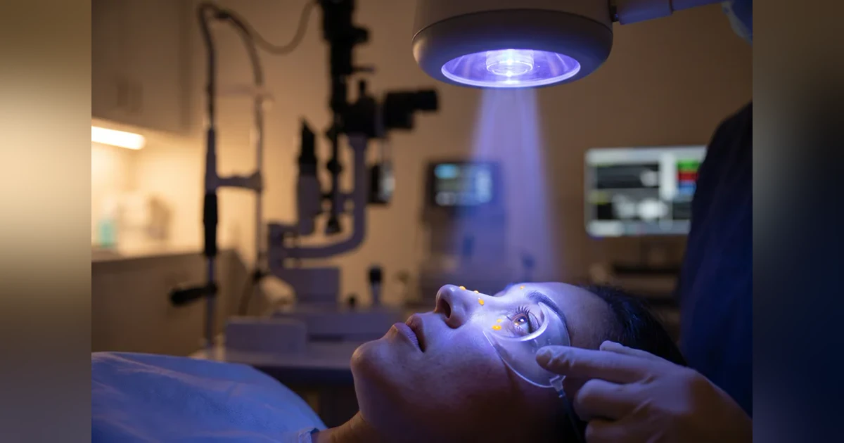 Aplicação clínica de luz azul em procedimento de crosslinking corneano