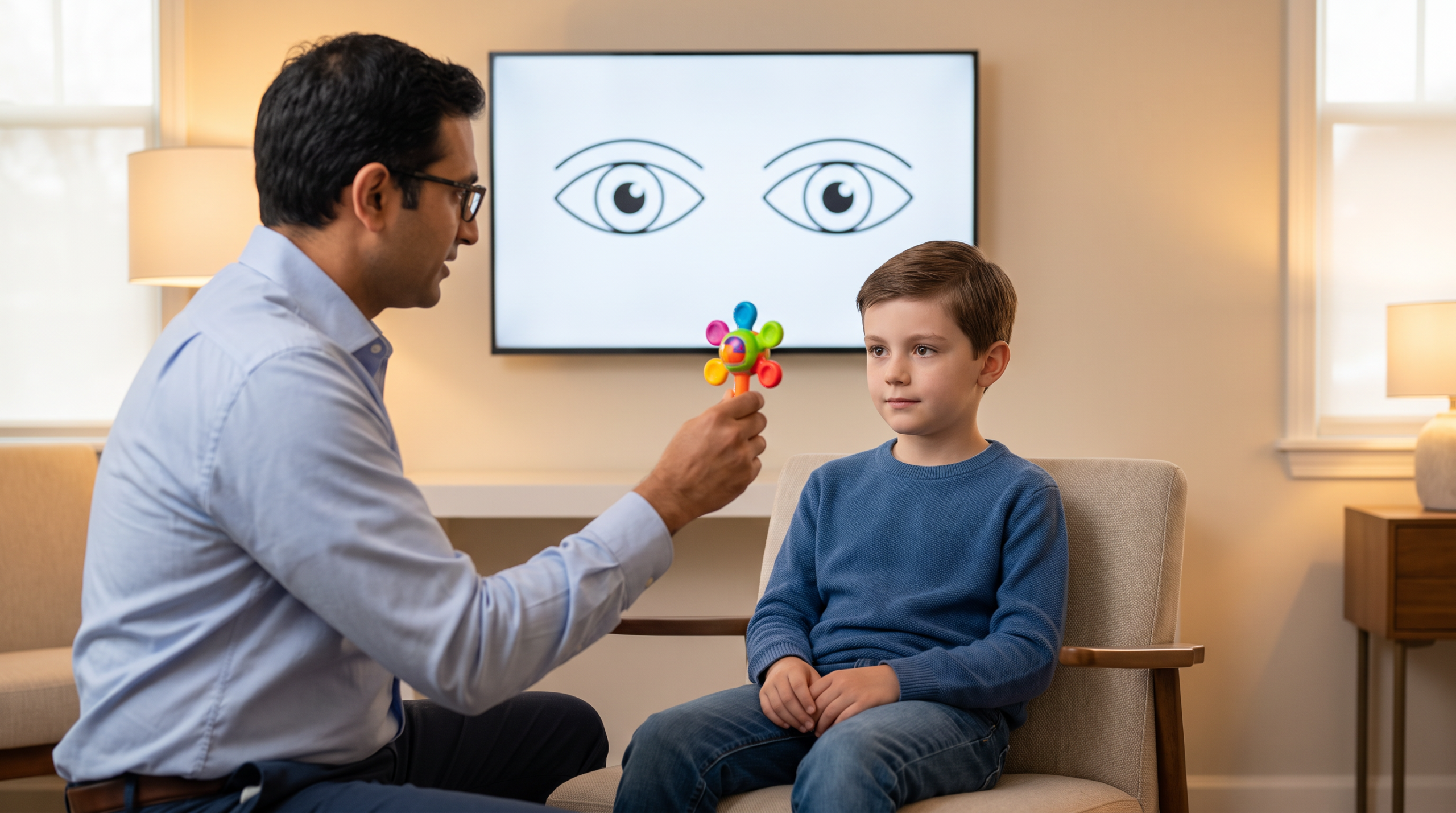 Niño en evaluación de alineación ocular para planificación de cirugía de estrabismo