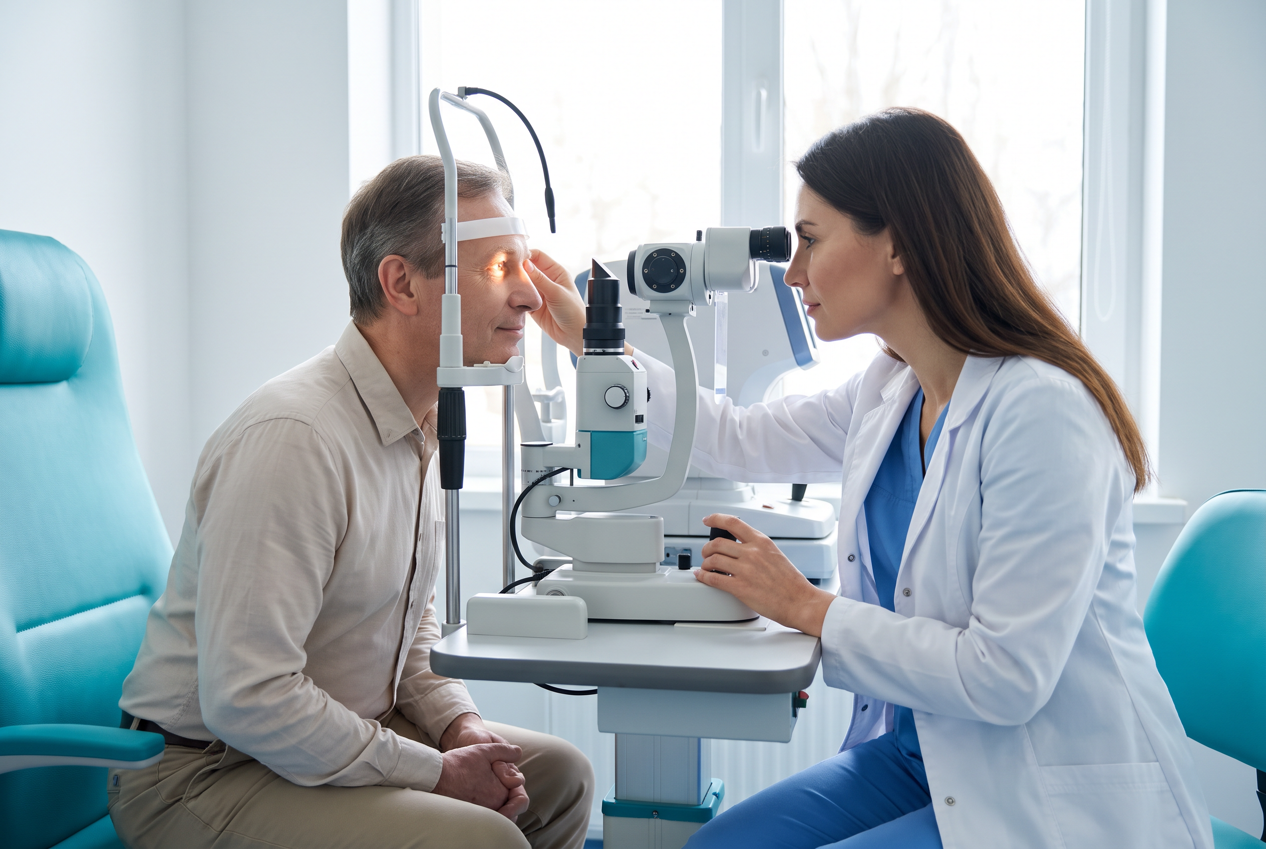 Paciente durante una evaluación oftalmológica de la superficie ocular antes de una cirugía de pterigión