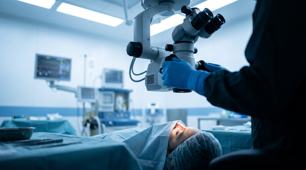 Paciente en una sala oftalmológica con microscopio quirúrgico para información sobre cirugías oculares
