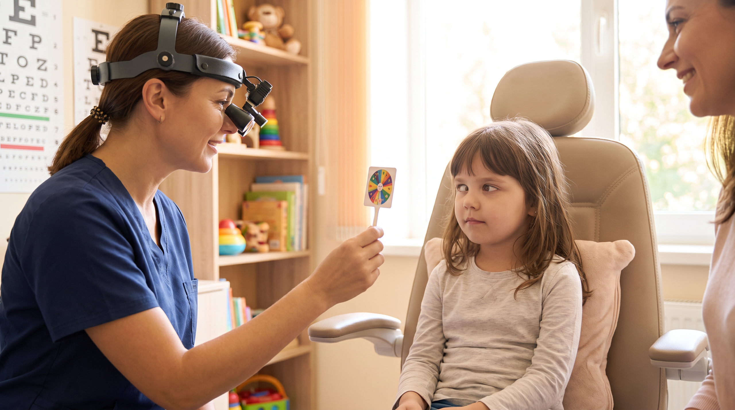 Niña durante evaluación oftalmológica pediátrica de alineación ocular por estrabismo