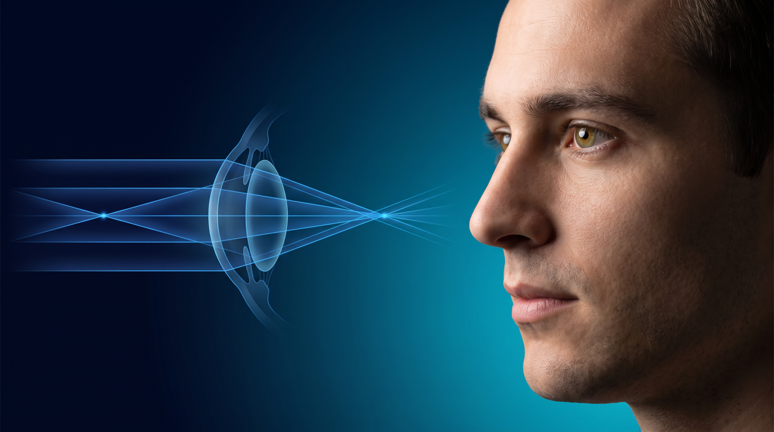 Ojo en primer plano con representación óptica de errores refractivos