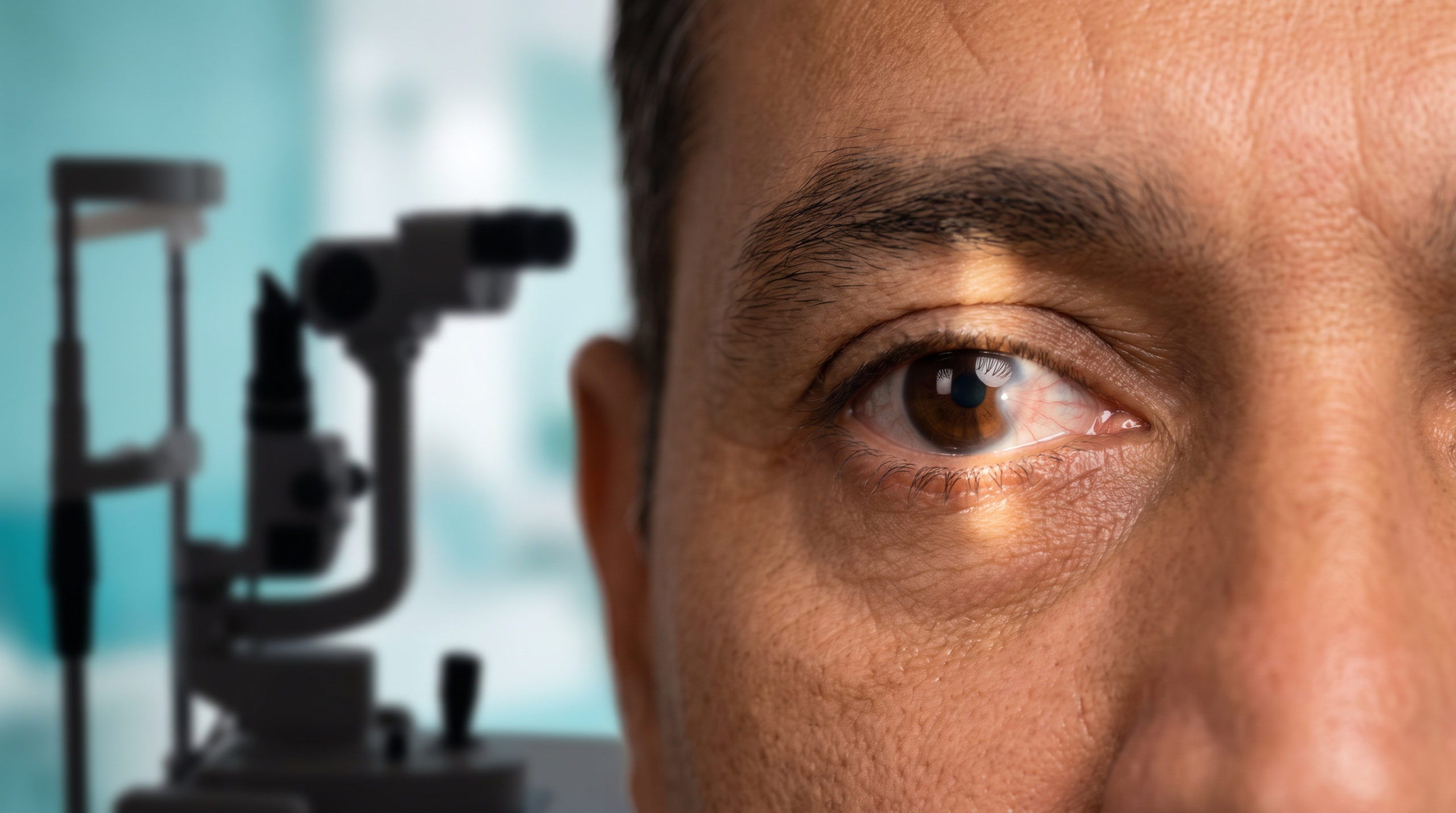 Primer plano del ojo durante evaluación de la superficie ocular por pterigión